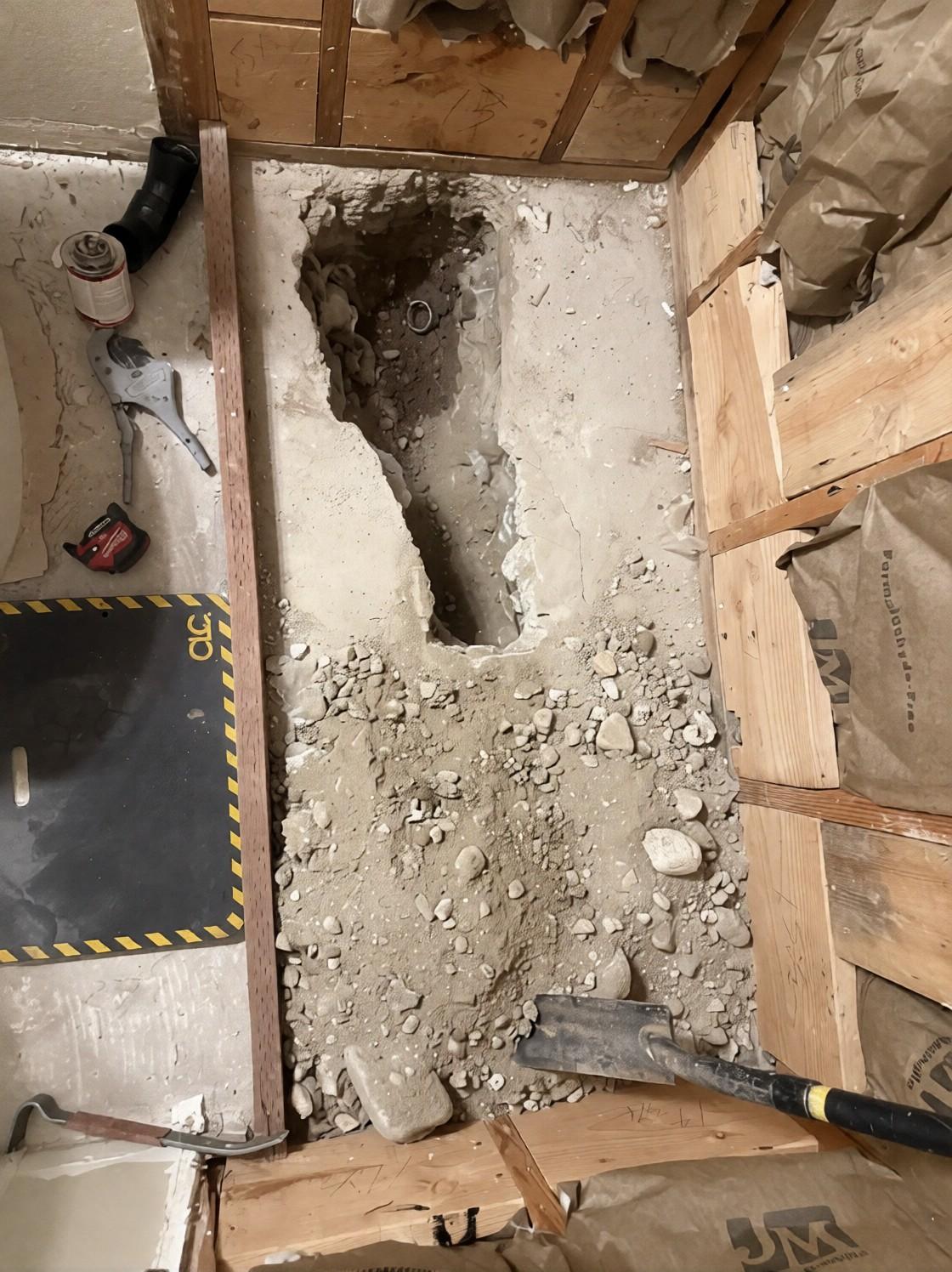 Concrete slab trenched to move the drain to the center of the shower