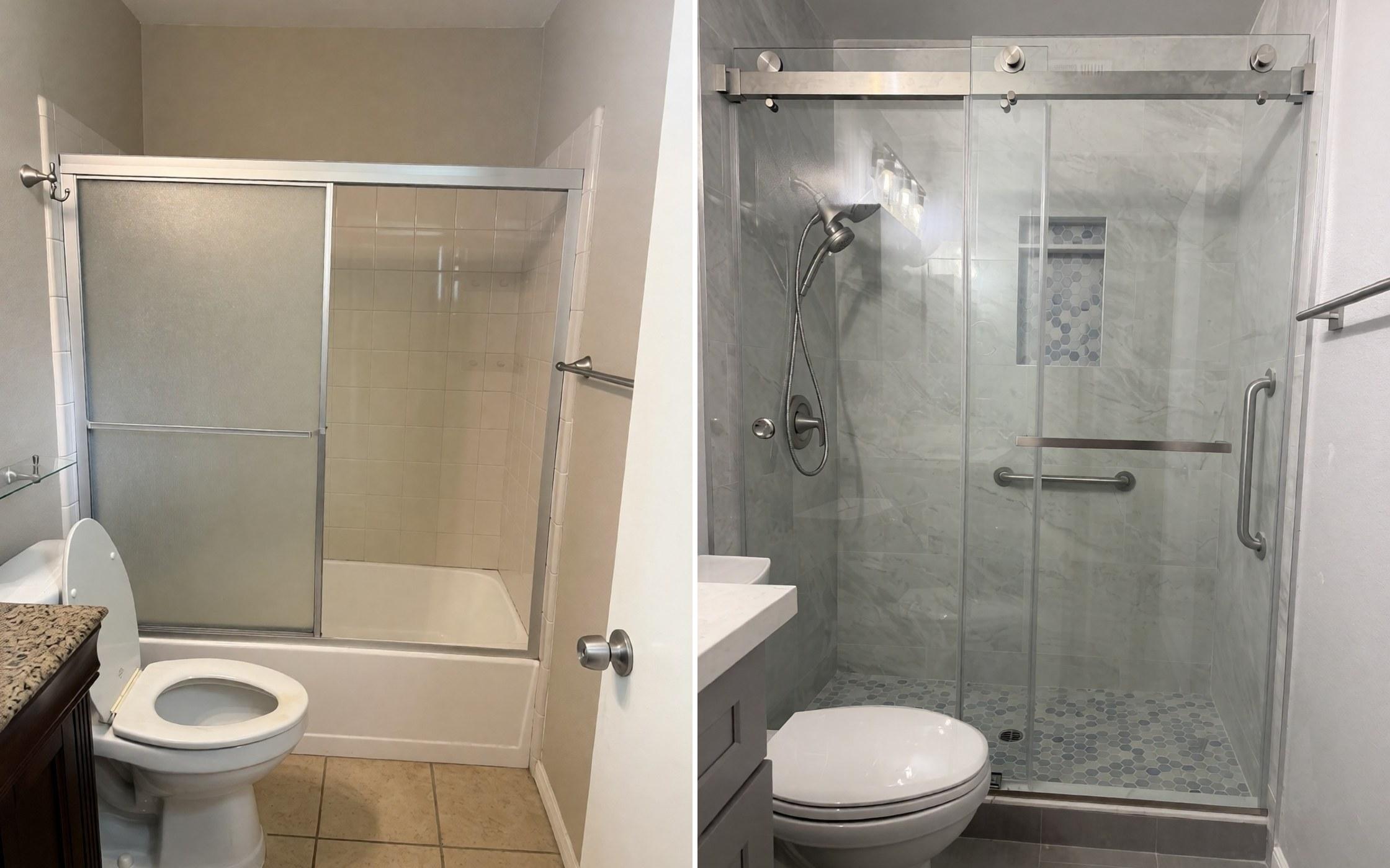 Before and after: the original tub with framed sliding doors, and the finished walk-in shower with a sliding glass door and grab bars