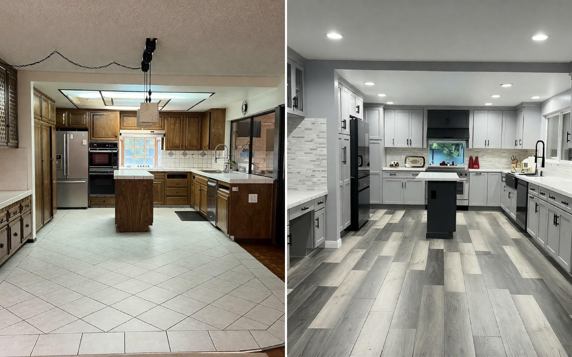 Before and after: the old kitchen with brown wood cabinets, tile countertops and a chain-hung light, and the finished kitchen with gray shaker cabinets and a black island